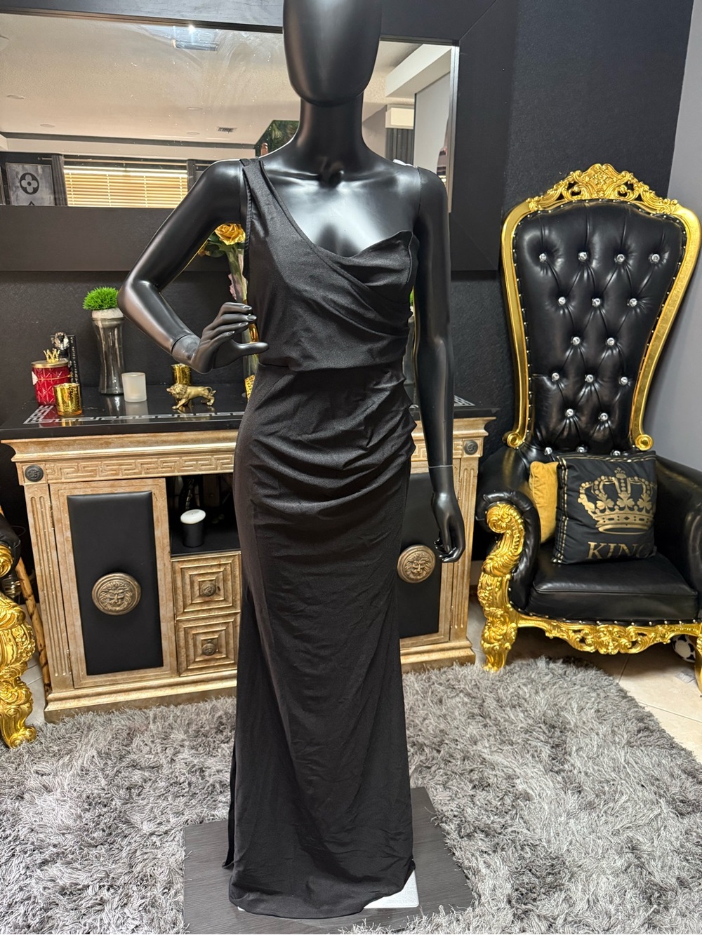 Fashion Nova Black One-Shoulder Draped Evening Gown